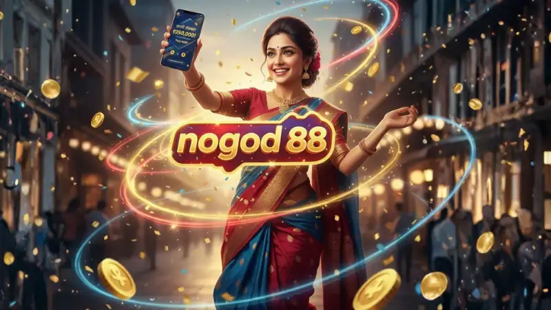 Close-up of a smartphone showing “Congratulations — You Won ৳250,000!” with a secure payout badge, glowing light trails, and the nogod 88 logo in the background.
