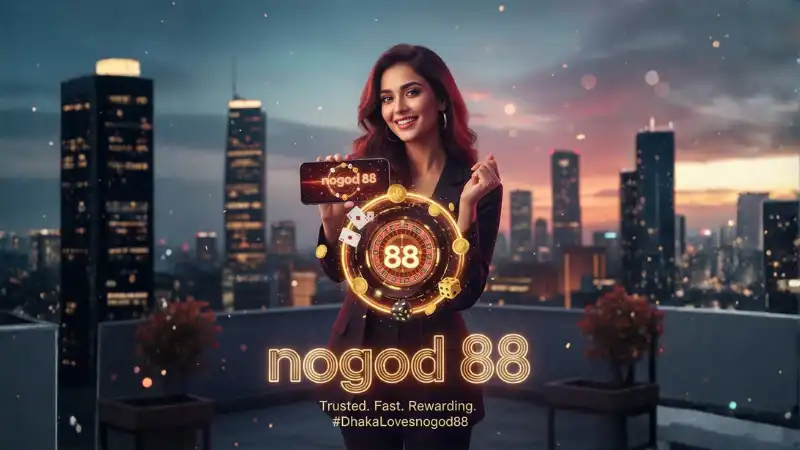 Bangladeshi woman laughing and raising her phone in joy, surrounded by floating golden tokens, light streaks, and a glowing nogod 88 logo.
